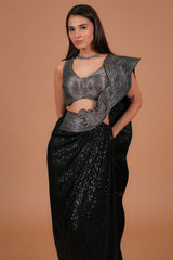 Black Net Readymade Saree with Sequinned Work