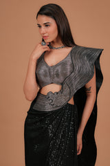 Black Net Readymade Saree with Sequinned Work