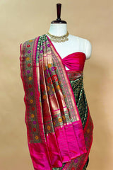 Bottle Green Semi Silk Woven Saree with Contrast Floral Border and Pallu