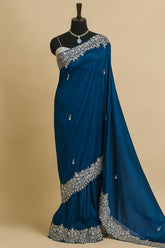 Rama Blue Organza Saree with Sequin and Cutdana Work Scallop Border