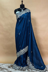 Rama Blue Organza Saree with Sequin and Cutdana Work Scallop Border