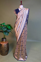 Blue and Champagne Silver Silk Animal Motif Saree