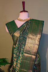 Bottle Green Kanchipuram Silk Traditional Animal and Bird Motif Woven Saree