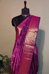 Purple Kanchipuram Silk Traditional Animal and Bird Motif Woven Saree