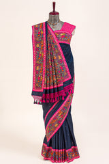 Dark Blue Silk Saree with Thread Embroidered Border and Pallu