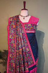 Dark Blue Silk Saree with Thread Embroidered Border and Pallu