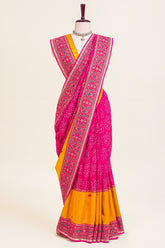 Pink and Yellow Silk Traditional Bandhej Saree with Heavy Embroidered Border