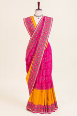 Pink and Yellow Silk Traditional Bandhej Saree with Heavy Embroidered Border