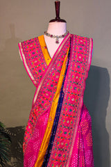 Pink and Yellow Silk Traditional Bandhej Saree with Heavy Embroidered Border