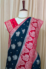 Dark Peacock Blue Silk Woven Elephant Butta Saree with Contrast Border and Pallu