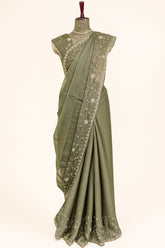 Olive Green Organza Saree with Cutdana and Diamond Work