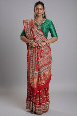 Red Cotton Traditional Checks Gharchola Saree with Handwork