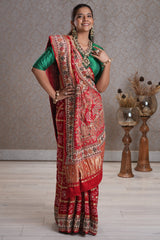Red Cotton Traditional Checks Gharchola Saree with Handwork