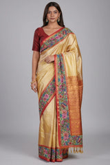 Golden Kanchipuram Silk Woven Saree with Petit Point Embroidery Border