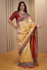 Golden Kanchipuram Silk Woven Saree with Petit Point Embroidery Border