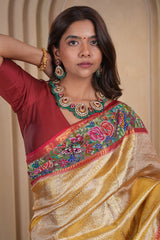Golden Kanchipuram Silk Woven Saree with Petit Point Embroidery Border