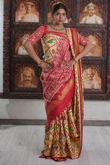 Light Yellow Silk Tradiitonal Checks Patola Printed Saree