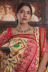 Light Yellow Silk Tradiitonal Checks Patola Printed Saree