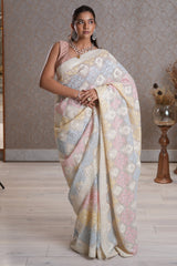 Off White and Multi Colored Organza All Over Lucknowi Embroidery and Sequin Worked Saree