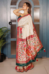 Cream Dola Silk Saree with Pashmina Print Border and Pallu