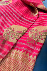 Pink Satin Shimmer Peacock Motifs Woven Butta Saree