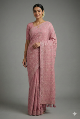 Light Baby Pink Georgette Lucknowi Worked Saree with Mukaish Work