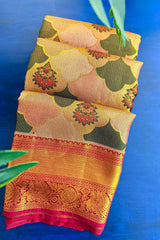 Golden Kanchipuram Tissue Silk Moroccan Design Woven Saree