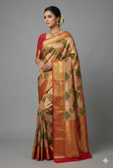 Golden Kanchipuram Tissue Silk Moroccan Design Woven Saree