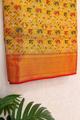 Mustard Yellow Kanchipuram Tissue Silk Checks Woven Patola Saree