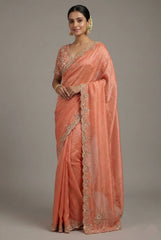 Coral Peach Soft Organza Silk Saree with Cutdana and Sequin Work