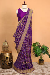 Purple Georgette Traditional Bandhej Saree with Cutdana and Bead Work