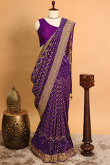 Purple Georgette Traditional Bandhej Saree with Cutdana and Bead Work