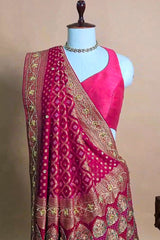Pink Georgette Traditional Bandhej Saree with Cutdana and Bead Work