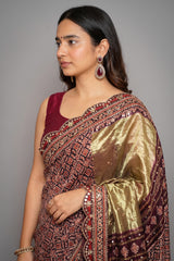 Deep Plum Purple Modal Silk Ajrakh Printed Saree with Applique and Gota Work