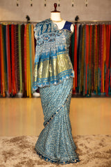 Blue Modal Silk Ajrakh Printed Saree with Gota and Applique Work