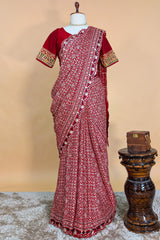 Red Modal Silk Ajrakh Printed Saree with Applique and Gota Work