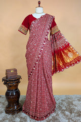 Red Modal Silk Ajrakh Printed Saree with Applique and Gota Work