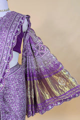 Lavender Modal Silk Ajrakh Printed Saree with Applique and Gota Work
