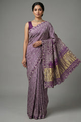 Lavender Modal Silk Ajrakh Printed Saree with Applique and Gota Work