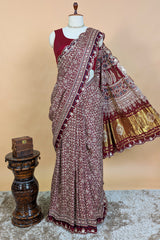Maroon Modal Silk Ajrakh Printed Saree with Applique and Gota Work