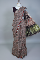 Dark Blue Modal Silk Ajrakh Printed Saree with Applique and Gota Work