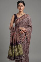 Dark Blue Modal Silk Ajrakh Printed Saree with Applique and Gota Work