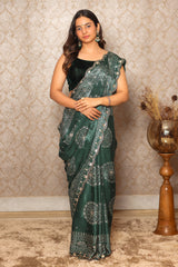 Green Modal Silk Ajrakh Printed Saree with Applique and Gota Work
