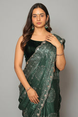 Green Modal Silk Ajrakh Printed Saree with Applique and Gota Work