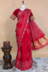 Red Modal Silk Ajrakh Printed Saree with Applique and Gota Work