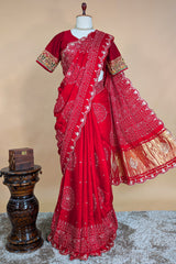 Red Modal Silk Ajrakh Printed Saree with Applique and Gota Work