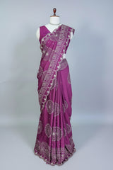 Mauve Modal Silk Ajrakh Printed Saree with Applique and Gota Work