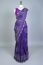 Purple Modal Silk Ajrakh Printed Saree with Applique and Gota Work