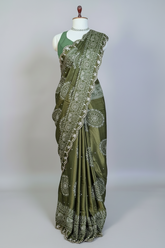 Olive Green Modal Silk Ajrakh Printed Saree with Applique and Gota Work