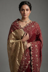 Maroon Modal Silk Ajrakh Printed Saree with Applique and Gota Work